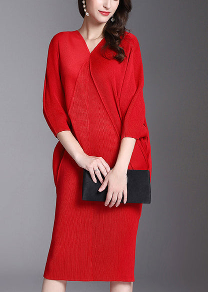 Red V-neck Slim Hip Dress Half Sleeve