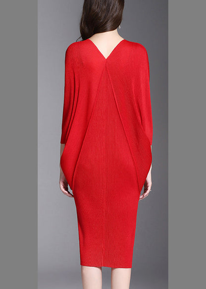 Red V-neck Slim Hip Dress Half Sleeve