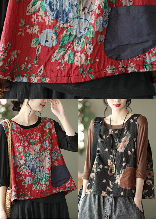 Red Linen Vest O-neck Pocket Patchwork Sleeveless
