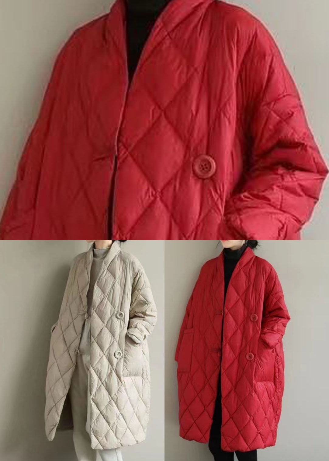 Red Warm Fine Cotton Filled Witner Coats Rhombic Plaid