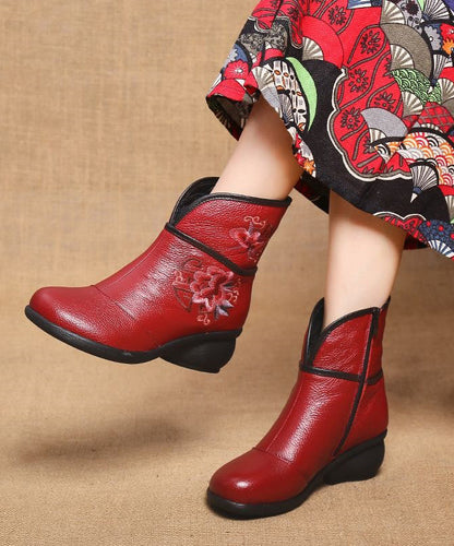 Red Warm Fleece Boots Chunky Cowhide Leather Embroidery