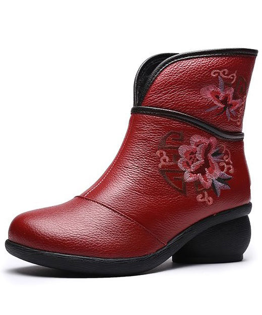 Red Warm Fleece Boots Chunky Cowhide Leather Embroidery