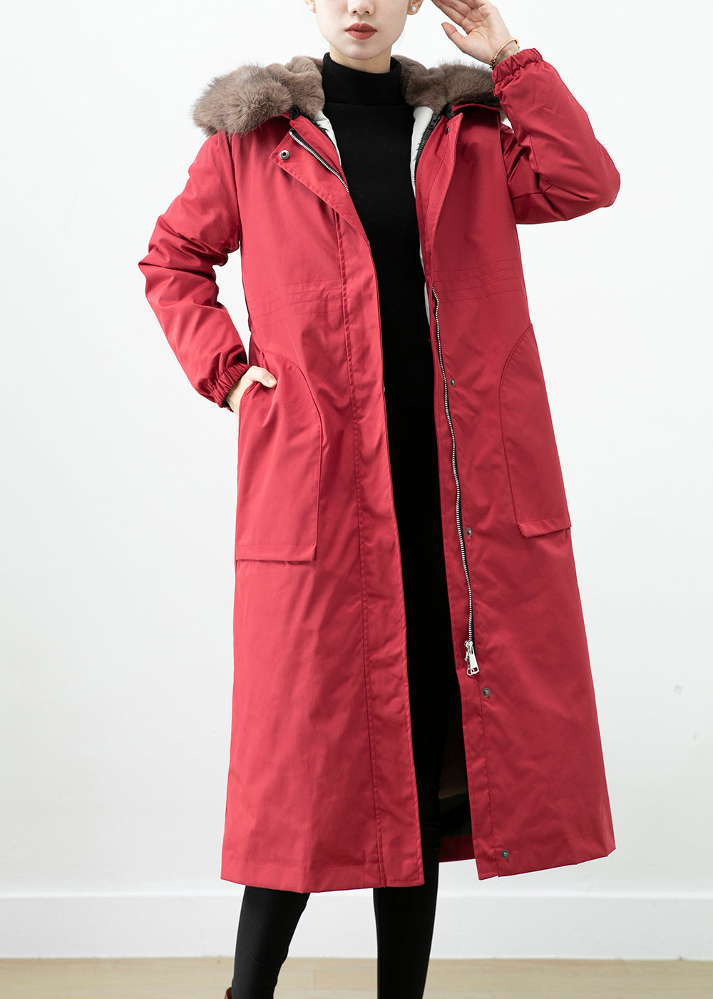 Red Warm Otter Rabbit Hair Lined Coats Fox Collar Witner