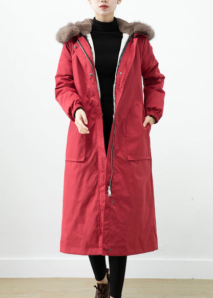 Red Warm Otter Rabbit Hair Lined Coats Fox Collar Witner