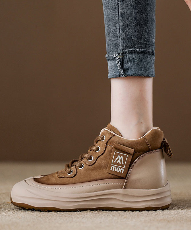 Red Platform Cowhide Leather Lace Up Splicing Flat Feet Shoes