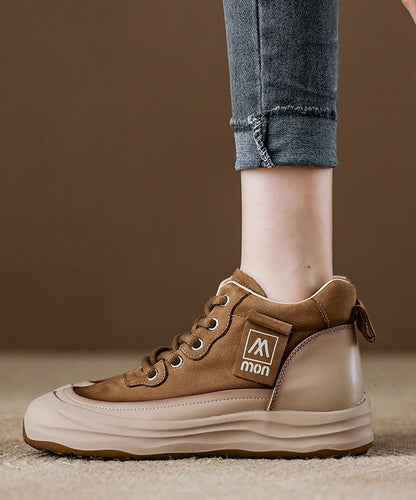 Red Platform Cowhide Leather Lace Up Splicing Flat Feet Shoes