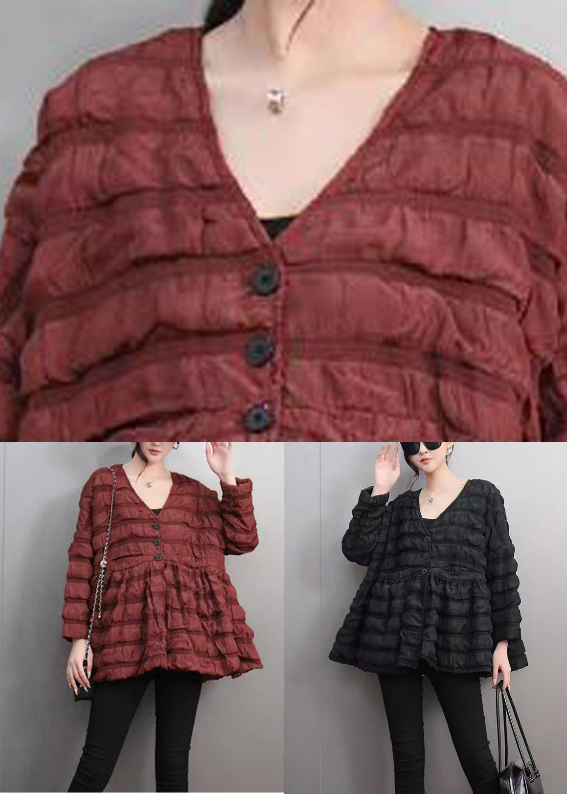 Red Wrinkled Button Parka Winter