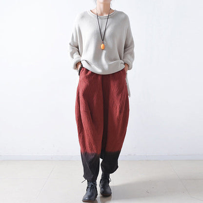 Red Gradient Linen Harem Pants Oversized Elastic Waist Cotton Pants Trousers