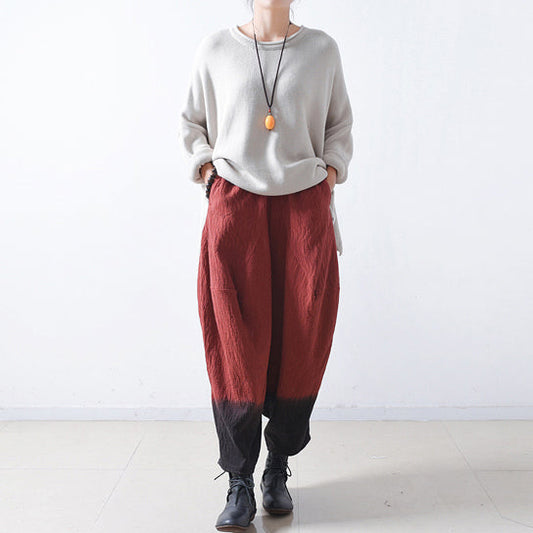 Red Gradient Linen Harem Pants Oversized Elastic Waist Cotton Pants Trousers