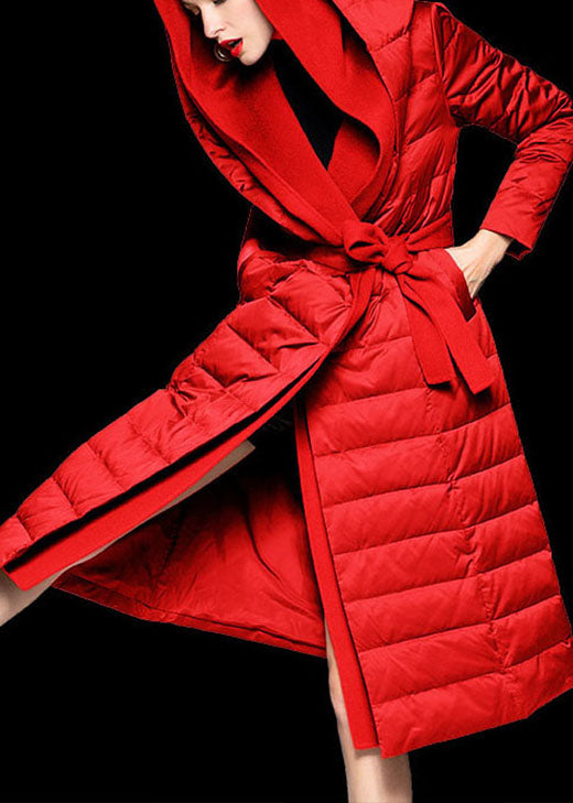 Red Hooded Patchwork Slim Fit Winter Duck Down Coats