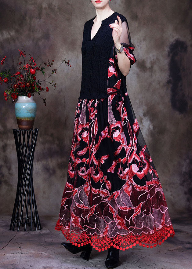 Red Lace Knit Dresses Embroideried Spring