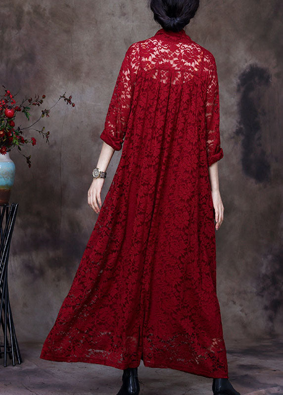 Red Lace Maxi Dresses Hollow Out Long Sleeve