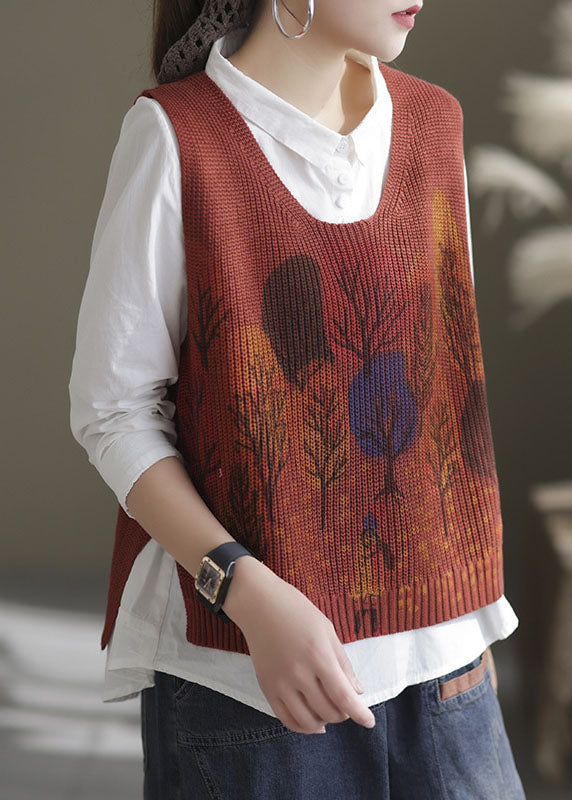 Red Low High Design Side Open Knit Tanks Sleeveless