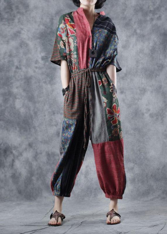 Red Printed Jumpsuit Tie Waist Loose Wide Leg Pants