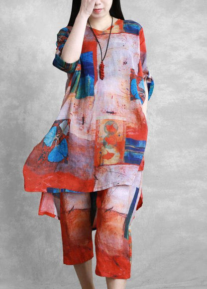 Red Printed Suit Loose Mid-length Shirt Two-piece Suit