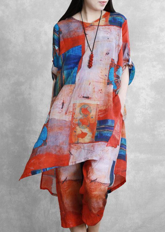 Red Printed Suit Loose Mid-length Shirt Two-piece Suit