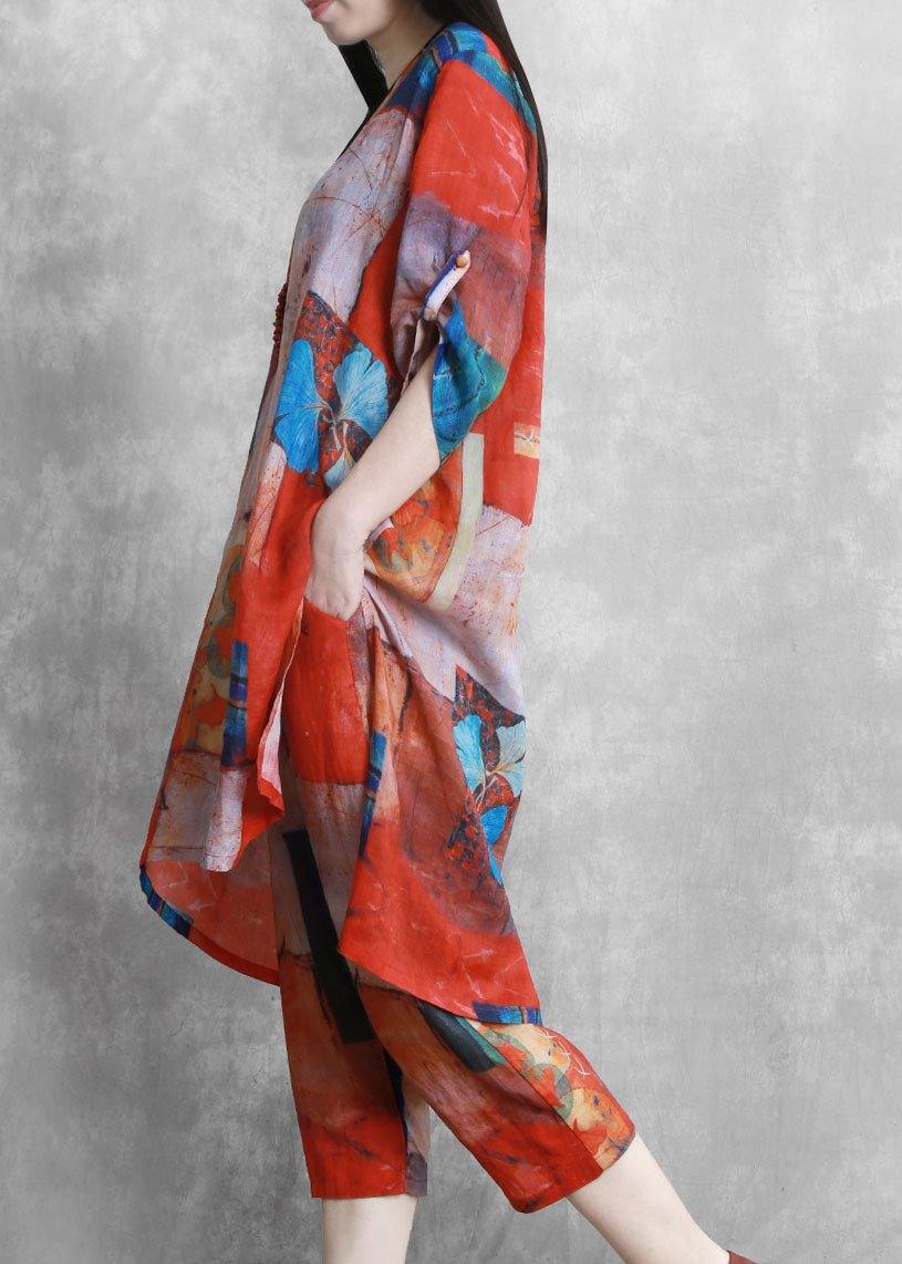 Red Printed Suit Loose Mid-length Shirt Two-piece Suit