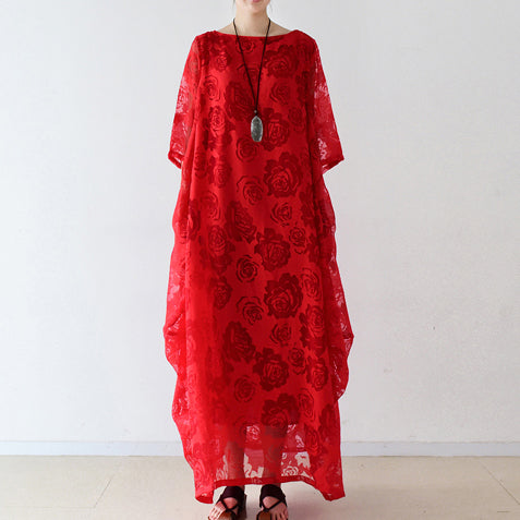 Red Roses Tulle Chiffon Caftans Maxi Dresses Causal Gown Clothing