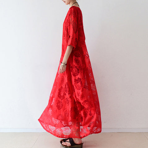Red Roses Tulle Chiffon Caftans Maxi Dresses Causal Gown Clothing