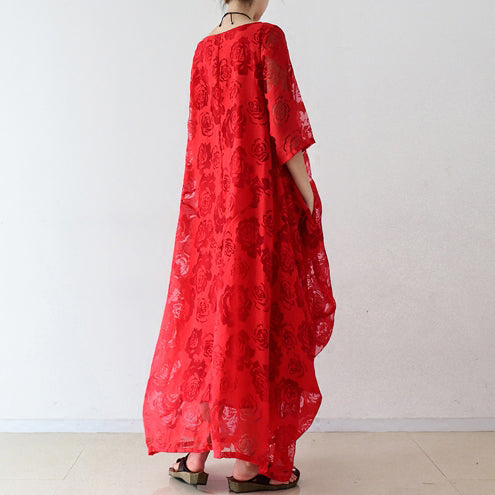 Red Roses Tulle Chiffon Caftans Maxi Dresses Causal Gown Clothing