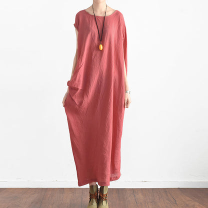 Red Summer Linen Dresses Side Draping Caftans Oversized Sleeveless Sundress