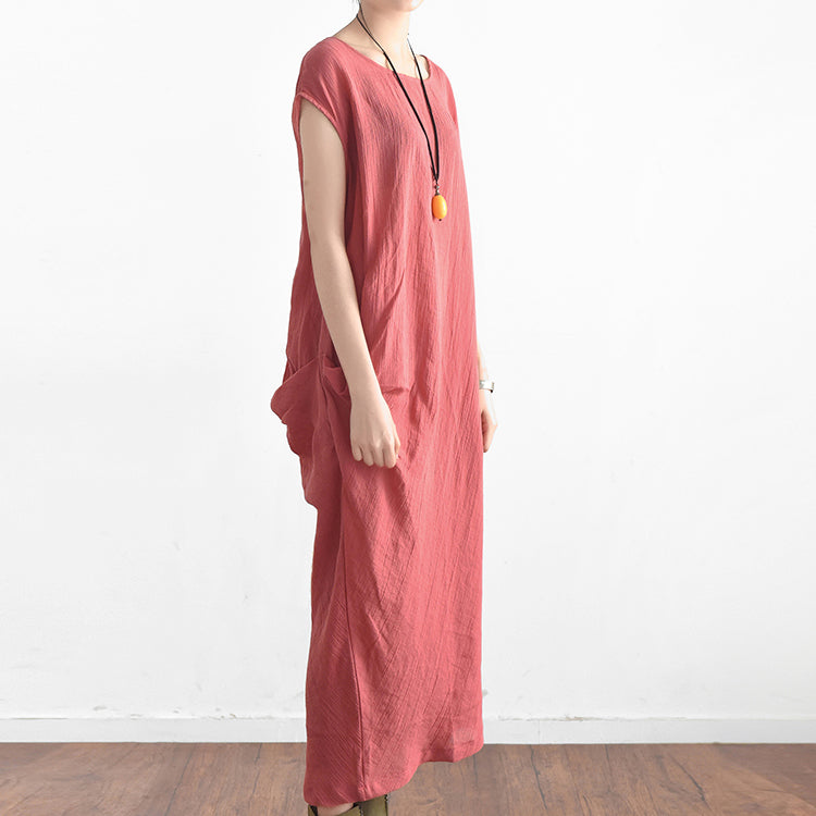 Red Summer Linen Dresses Side Draping Caftans Oversized Sleeveless Sundress