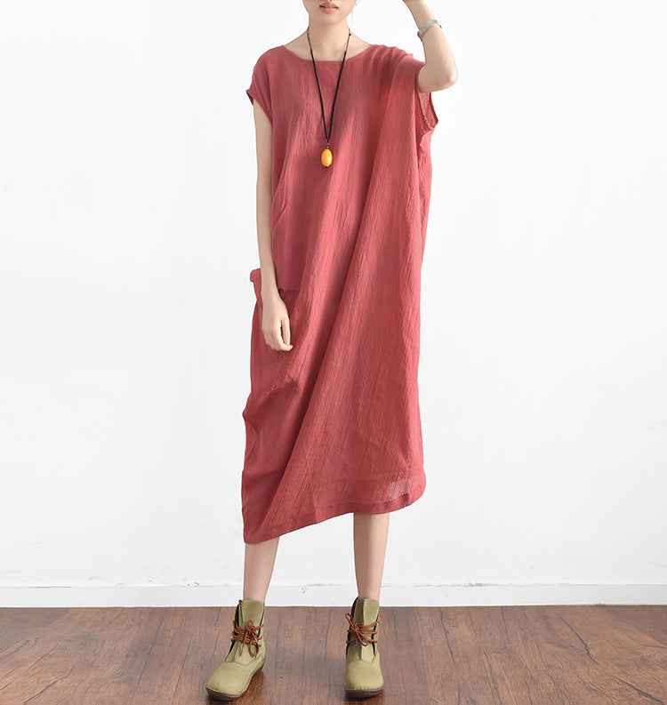 Red Summer Linen Dresses Side Draping Caftans Oversized Sleeveless Sundress