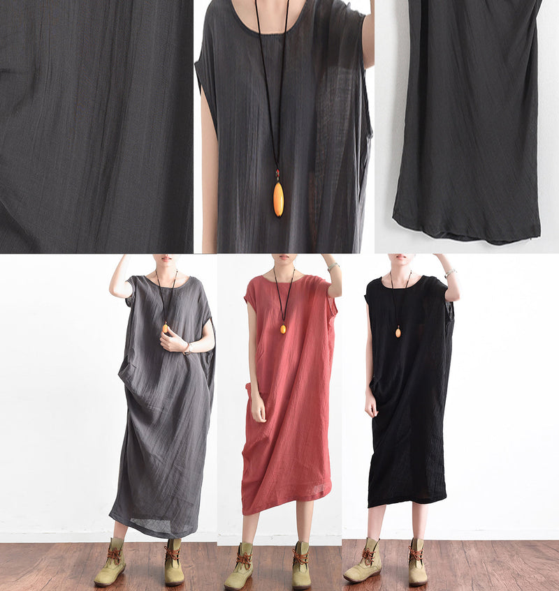 Red Summer Linen Dresses Side Draping Caftans Oversized Sleeveless Sundress