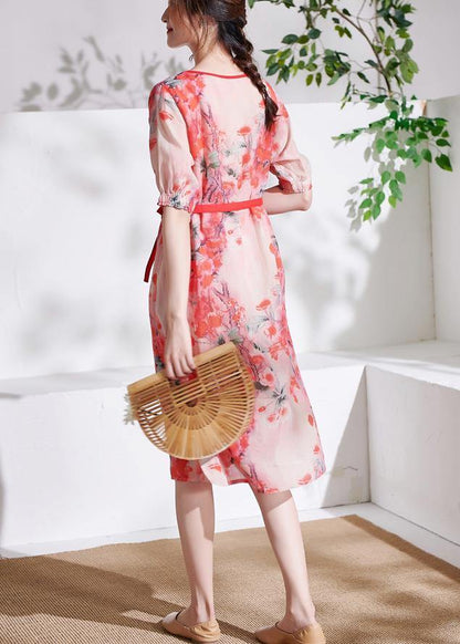 Red Tie Waist Patchwork Print Summer Ramie Dresses Short Sleeve