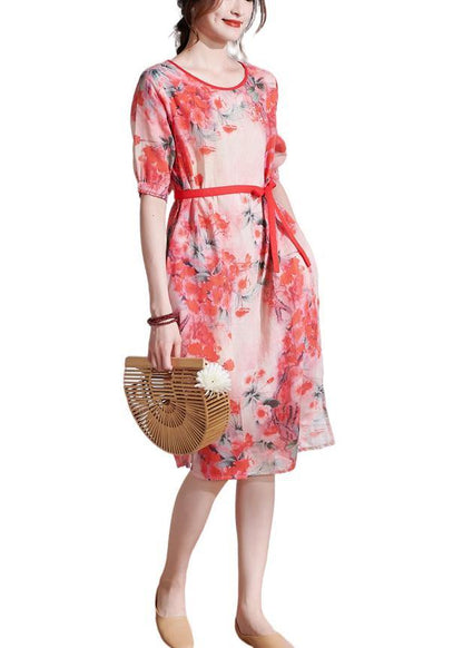 Red Tie Waist Patchwork Print Summer Ramie Dresses Short Sleeve