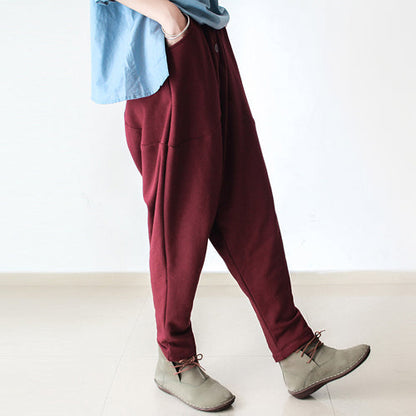 Red Winter Pants Warm Thick Carrot Pants Oversized Elastic Waist Harem Pants