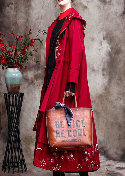 Red Zippered Patchwork Embroideried Spring Coats