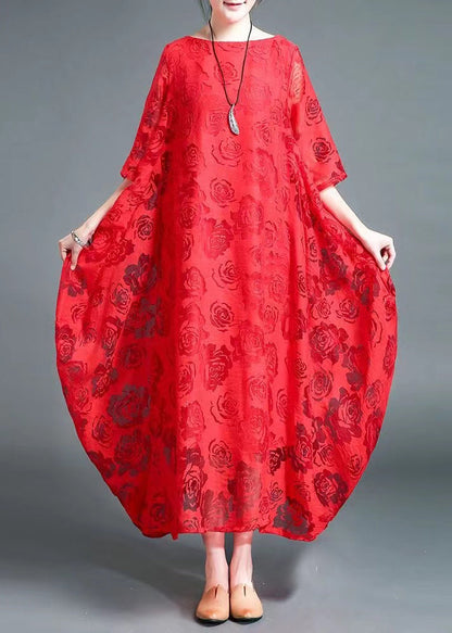 Red Lace Vacation Dress Hollow Out Asymmetrical Bracelet Sleeve