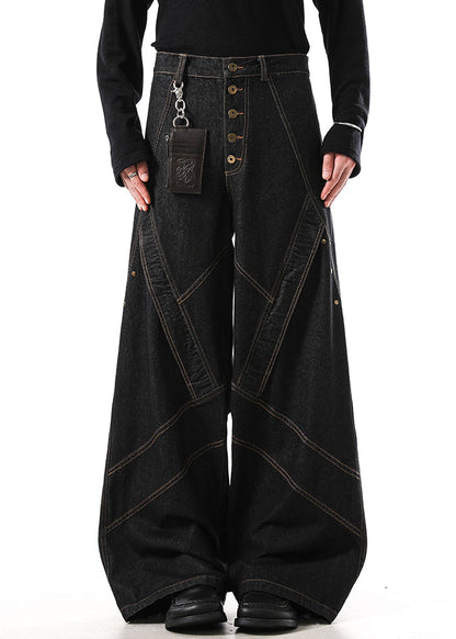 Retro Black Button Original Design Denim Wide Leg Pants