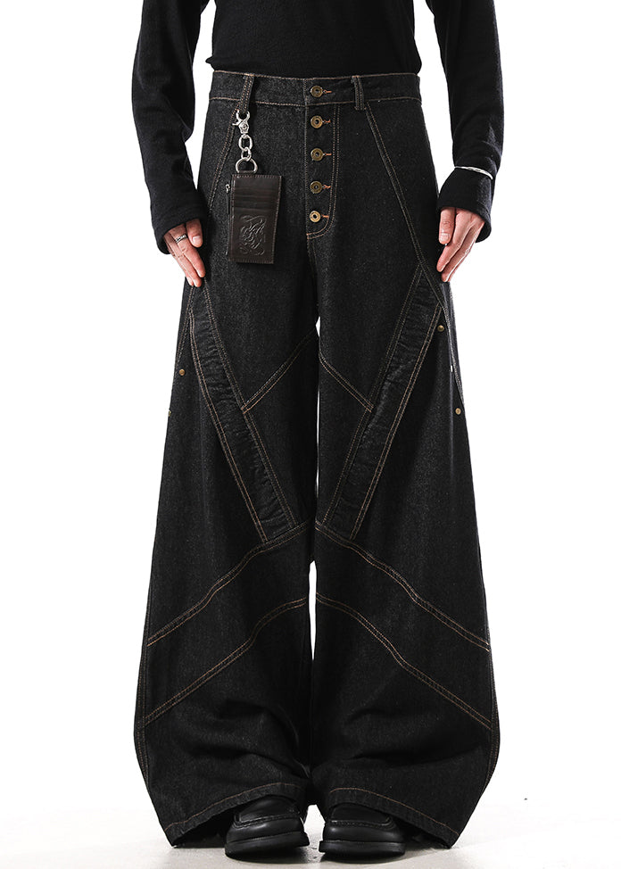 Retro Black Button Original Design Denim Wide Leg Pants