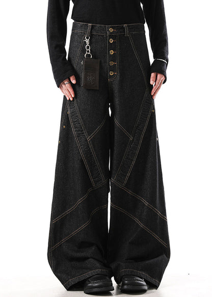 Retro Black Button Original Design Denim Wide Leg Pants