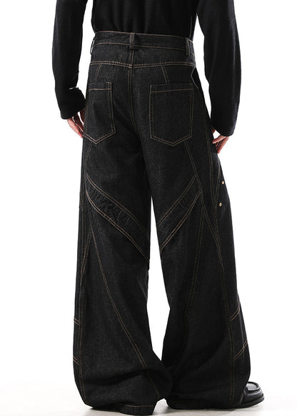Retro Black Button Original Design Denim Wide Leg Pants