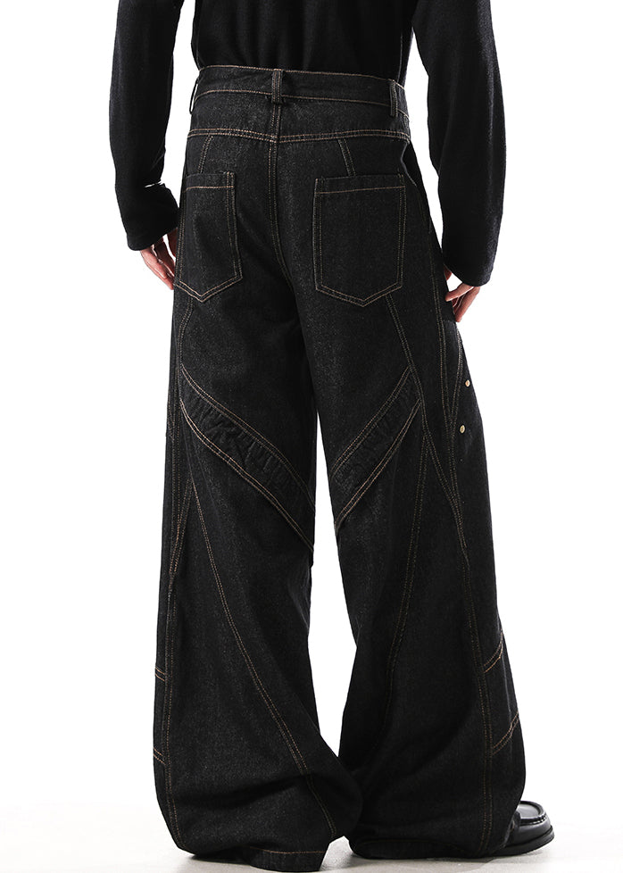Retro Black Button Original Design Denim Wide Leg Pants