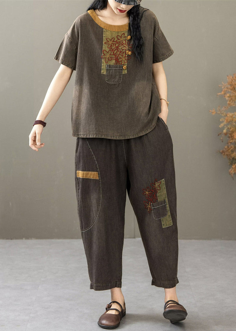 Retro Black Embroidered T Shirt and Crop Pants Denim Two Pieces Set Summer