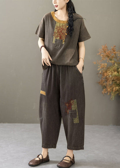 Retro Black Embroidered T Shirt and Crop Pants Denim Two Pieces Set Summer