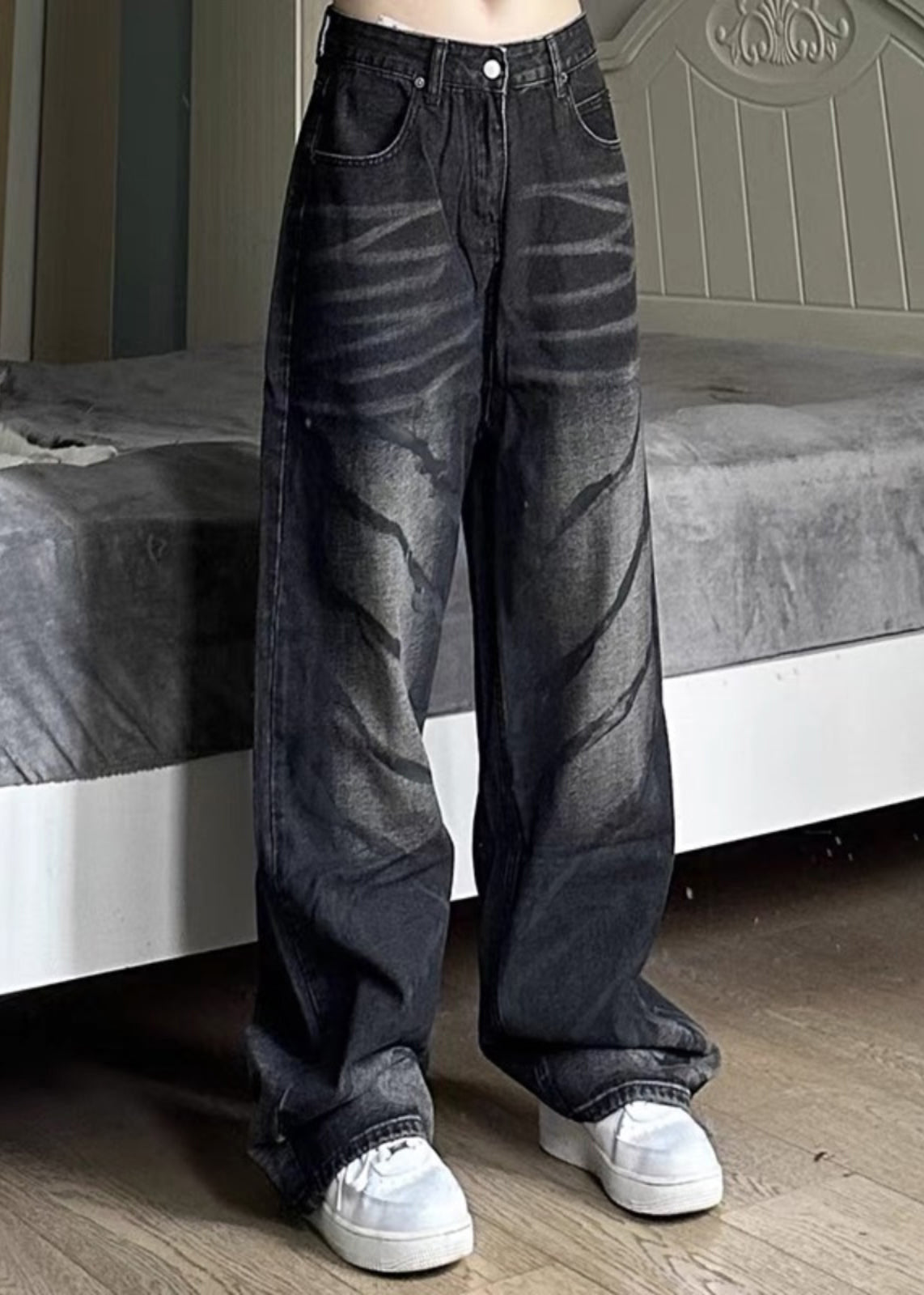 Retro Black High Wais Denim Wide Leg Pants