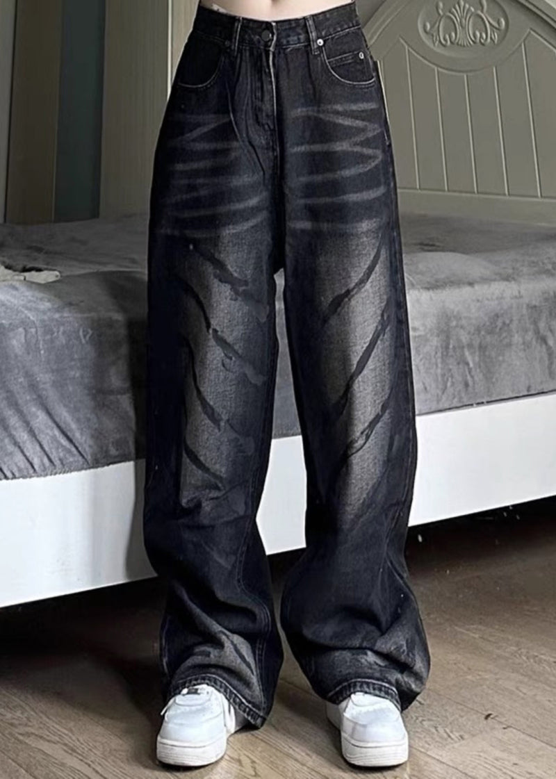 Retro Black High Wais Denim Wide Leg Pants