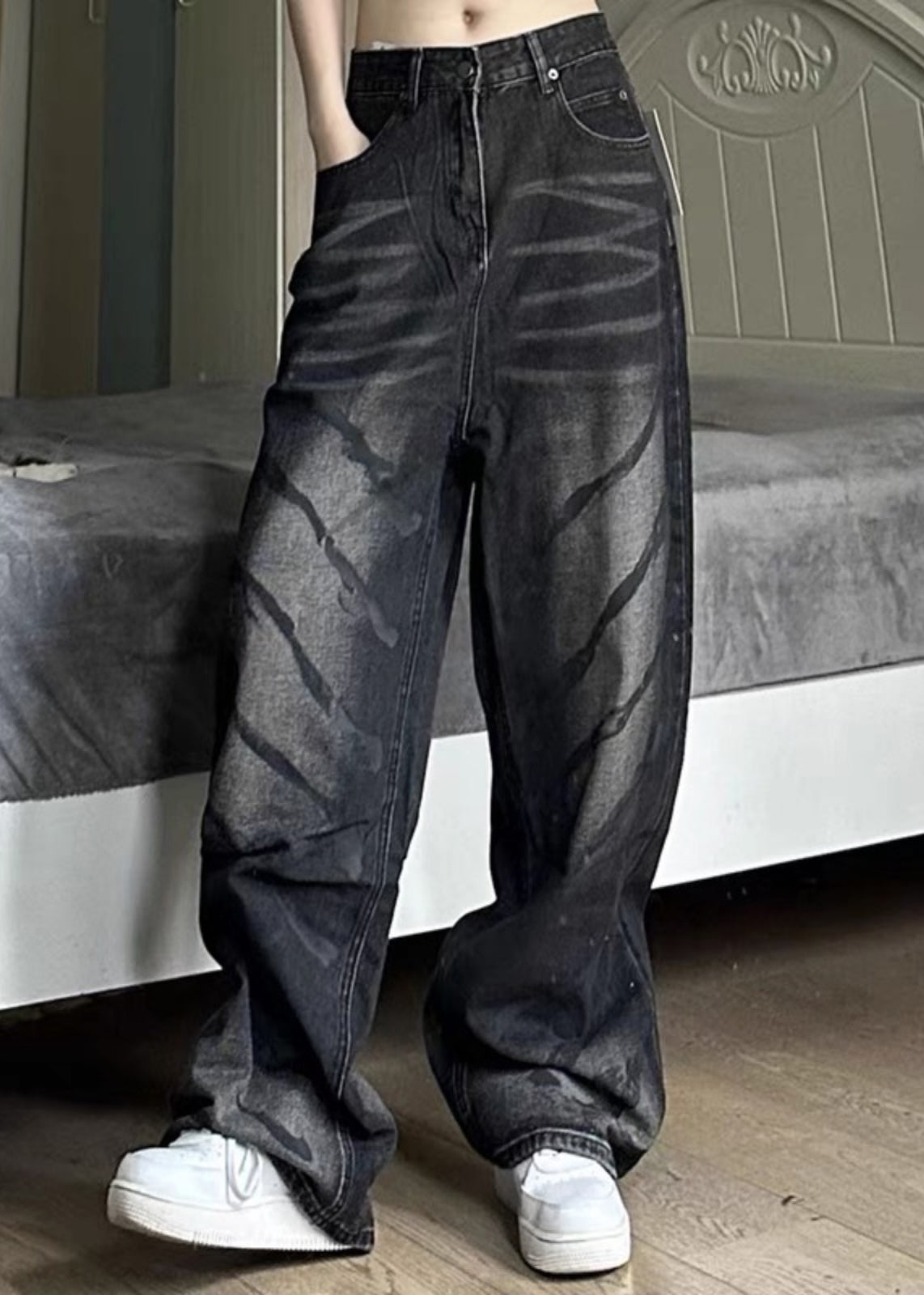 Retro Black High Wais Denim Wide Leg Pants