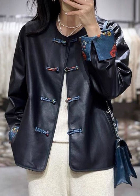 Retro Black O-neck Chinese Button Faux Leather Outwear Fall