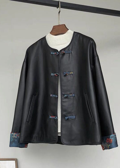 Retro Black O-neck Chinese Button Faux Leather Outwear Fall