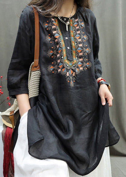Retro Black O-neck Embroidered Side Open Shirt Half Sleeve