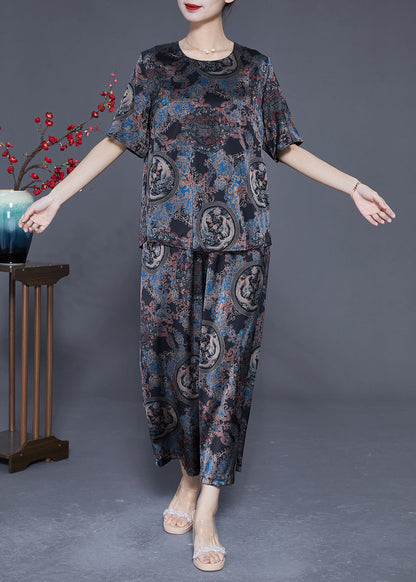 Retro Black O-neck Print Silk Tops and Pants Two Pieces Set Summer