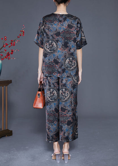 Retro Black O-neck Print Silk Tops and Pants Two Pieces Set Summer
