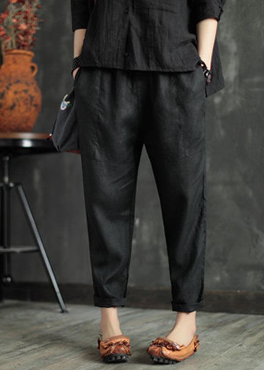 Retro Black Patchwork Pockets Linen Beam Pants Summer
