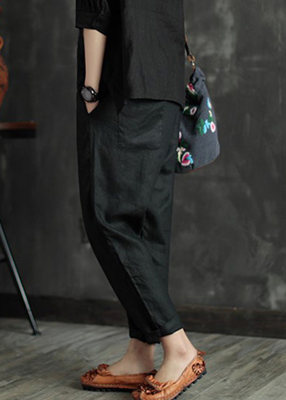 Retro Black Patchwork Pockets Linen Beam Pants Summer